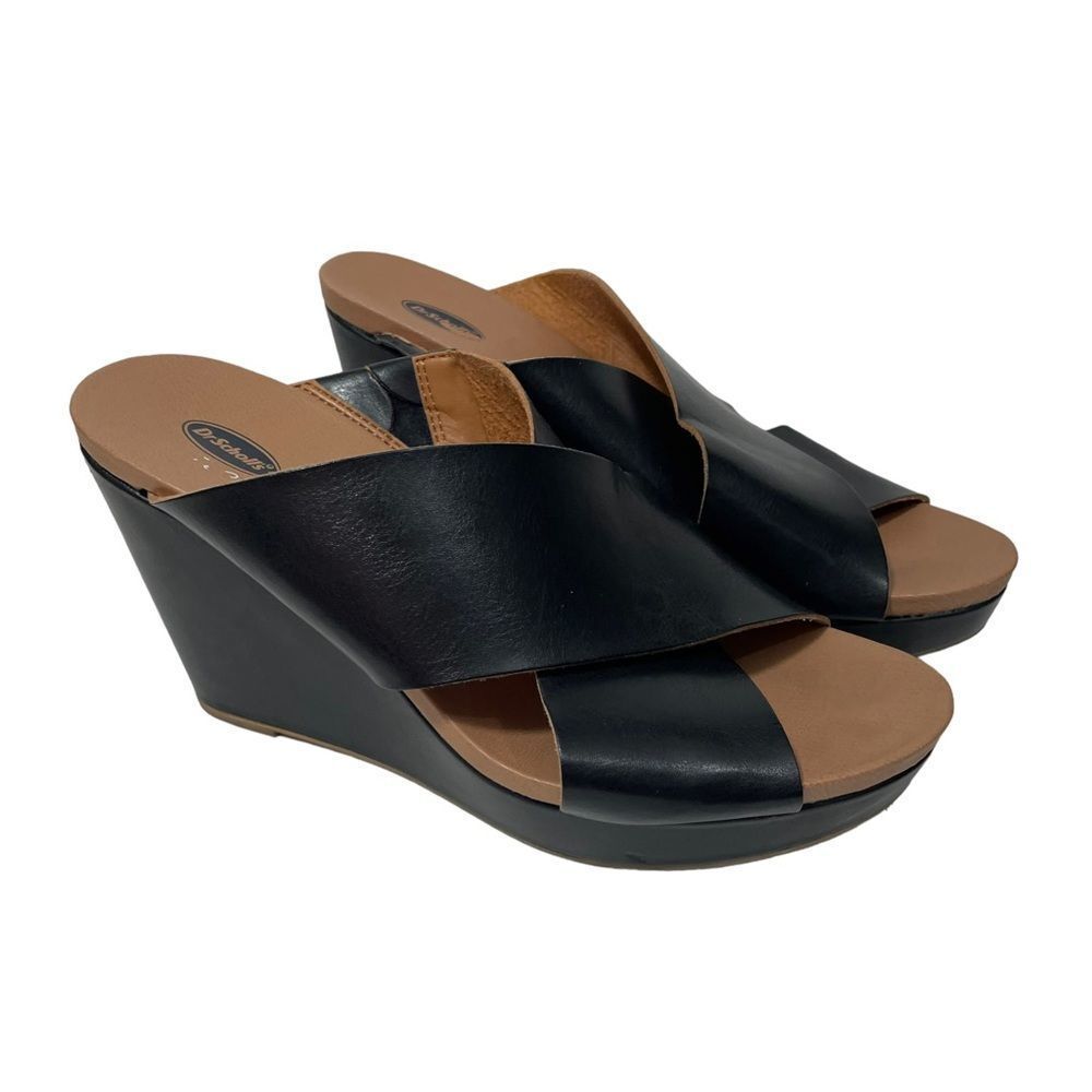 Dr. Scholl’s Black Wide Strap Wedge Sandals
